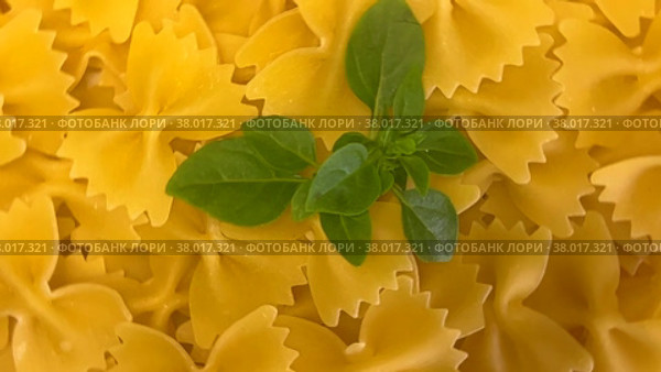 Curly macaroni in loose rotation with green basil leaves. The concept of Italian cuisine. Стоковое видео, видеограф Ярославский Максим / Фотобанк Лори