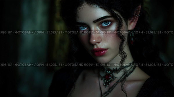 Cursed elf character gazes into the dark, fantasy realm with mysterious allure. Стоковое AI-изображение, AI-художник Ксения Лаптева / Фотобанк Лори