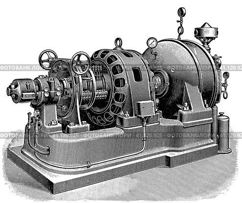 Curtis 150 kW turbo dynamo. Publication of the book "Meyers Konversations-Lexikon", Volume 2, Leipzig, Germany, 1910. Стоковая иллюстрация, иллюстратор Sergey Kohl / Фотобанк Лори
