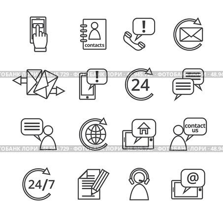 Customer care contacts in line style icons set of online and offline support services isolated vector illustration. Стоковая иллюстрация, агентство Ingram Publishing / Фотобанк Лори
