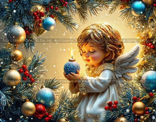 Cute baby angel on Christmas night. Christmas card. Стоковое AI-изображение, AI-художник Сергей Елизарьев / Фотобанк Лори