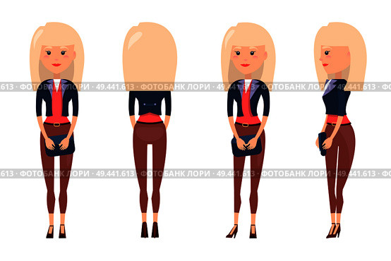 Cute blonde banner, colorful vector illustration of woman with dark blue handbag, brown shoes and trousers, black jacket and belt with golden clasp. Cute Blonde Banner Colorful Vector Illustration. Стоковая иллюстрация, агентство Ingram Publishing / Фотобанк Лори