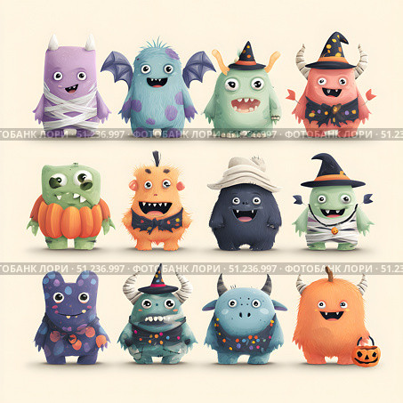 Cute cartoon Halloween monsters in costumes on beige background. Стоковое AI-изображение, AI-художник Александра Рублева / Фотобанк Лори