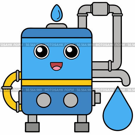 Cute cartoon water tank with a big smile and water drop spout. Perfect for illustrations about water conservation. plumbing. or eco friendly living. Стоковая иллюстрация, агентство Ingram Publishing / Фотобанк Лори