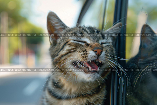 Cute cat enjoying road trip from car window. Стоковое AI-изображение, AI-художник Иван Рябоконь / Фотобанк Лори