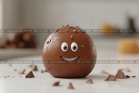 Cute chocolate dessert with smiling face and chocolate shavings on the table. Симпатичный шоколадный десерт с улыбающимся лицом и шоколадной стружкой на столе. Стоковое AI-изображение, AI-художник Katsiaryna Repich / Фотобанк Лори