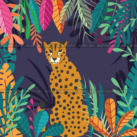 Cute exotic wild big cat cheetah sitting on dark tropical background with collection of exotic plants. Flat vector illustration. Стоковая иллюстрация, агентство Ingram Publishing / Фотобанк Лори