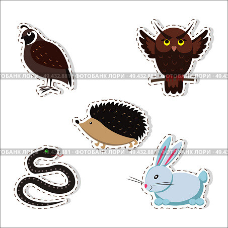 Cute forest animals stickers isolated on white background. Thick hazel grouse, brown owl, small hedgehog, fluffy rabbit and wriggling snake vector illustrations set. Cartoon funny creatures pictures.. Cute Cartoon Forest Animals Stickers Collection. Стоковая иллюстрация, агентство Ingram Publishing / Фотобанк Лори