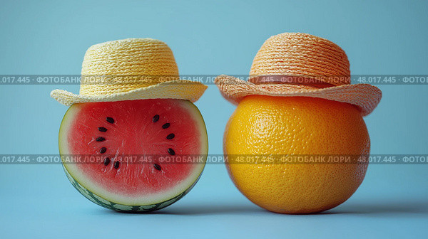 Cute fruits with tiny funny hats, watermelon with cowboy hat, orange with sunhat. Симпатичные фрукты в маленьких смешных шляпах, арбуз в ковбойской шляпе, апельсин в шляпе от солнца. Стоковое AI-изображение, AI-художник Katsiaryna Repich / Фотобанк Лори