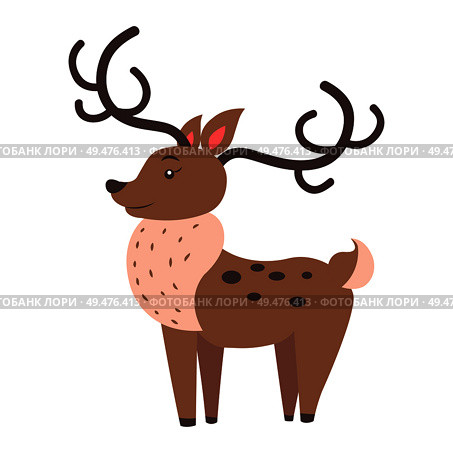 Cute funny horned fallow reindeer vector flat cartoon sticker isolated on white. Herbivorous animal illustration for game counters, price tags. Cute Reindeer Cartoon Flat Vector Sticker or Icon. Стоковая иллюстрация, агентство Ingram Publishing / Фотобанк Лори