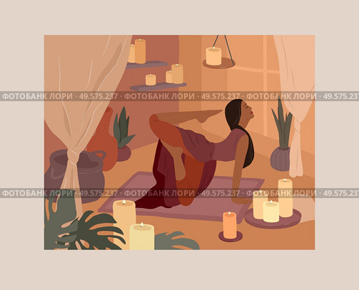 Cute girl doing yoga poses. Lifestyle by young woman in home interior with homeplants. Fashion illustration by femininity, beauty and mental health. Feminine cartoon illustration. Cute girl doing yoga poses. Lifestyle by young woman in home interior with homeplants. Fashion illustration by femininity, beauty and mental health. Feminine cartoon. Стоковая иллюстрация, агентство Ingram Publishing / Фотобанк Лори