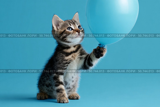 Cute Kitten Plays With Blue Balloon on Bright Background in a Fun Indoor Setting. Стоковое AI-изображение, AI-художник Юлия Гапеенко / Фотобанк Лори