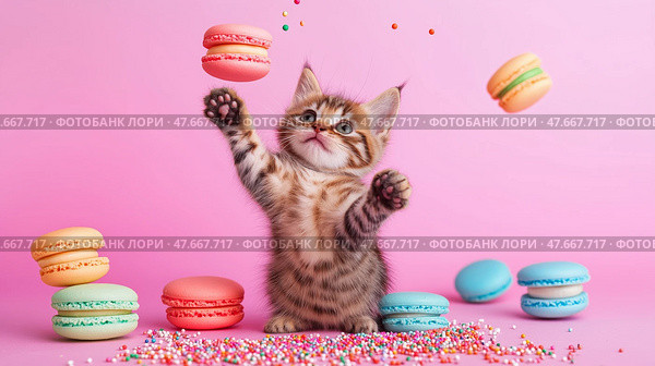 Cute kitten plays with floating macarons on a pastel pink background. Милый котенок играет с летающими пирожными macarons на пастельно-розовом фоне. Стоковое AI-изображение, AI-художник Katsiaryna Repich / Фотобанк Лори