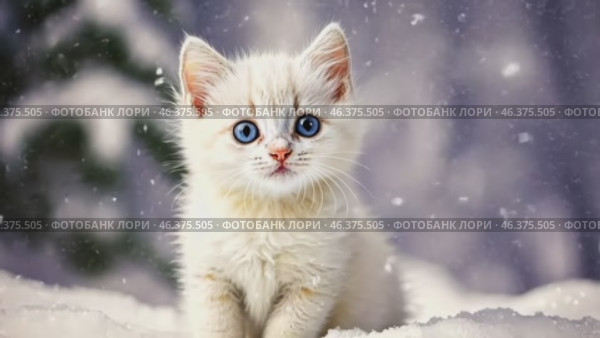 Cute little kitten in winter. White Chinchilla kitten sitting on the snow outdoors during snowfall. Copy space for text. Snowy winter background. Christmas backgrounds with pets. Cold Nature Scene. Стоковое AI-видео, аниматор Марина Демидюк / Фотобанк Лори