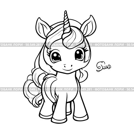 Cute little unicorn isolated on white background. Vector illustration for coloring book. Стоковая иллюстрация, агентство Ingram Publishing / Фотобанк Лори