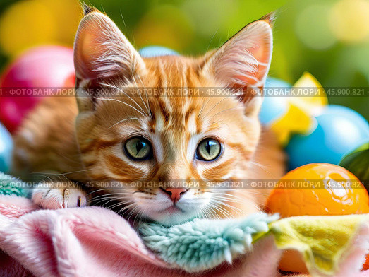 Cute red cat lying on a blanket. Стоковое AI-изображение, AI-художник Ульянов Александр / Фотобанк Лори