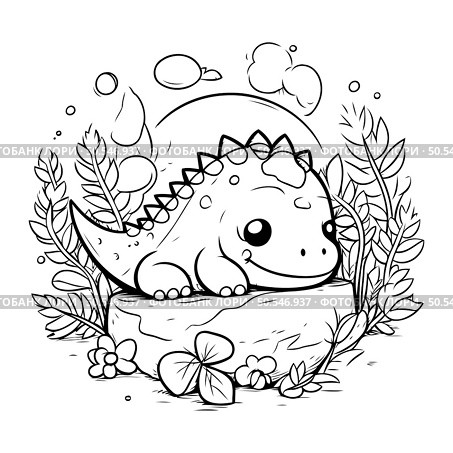 Cute stegosaurus dinosaur sitting on a log. Vector illustration. Стоковая иллюстрация, агентство Ingram Publishing / Фотобанк Лори