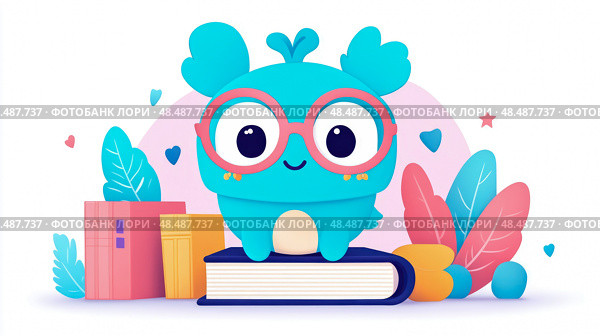 Cute Studious Blue Monster On Books for Education Promotion. Стоковое AI-изображение, AI-художник Данила Большаков / Фотобанк Лори