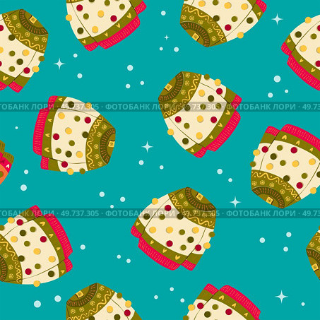 Cute vibrant hand drawn sweater with winter decoration and pom-poms seamless pattern. Colorful holiday vector illustration on blue background. Vibrant repeat design. . Стоковая иллюстрация, агентство Ingram Publishing / Фотобанк Лори