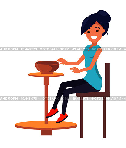 Cute woman creating a clay bowl, vector poster, illustration with happy girl sitting on chair and working with potter s wheel, clay modelling process. Cute Woman Creating a Clay Bowl, Vector Poster. Стоковая иллюстрация, агентство Ingram Publishing / Фотобанк Лори