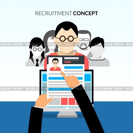 CV flat concept. Recruiment flat concept with recruiter holding cv and candidates on background vector illustration. Стоковая иллюстрация, агентство Ingram Publishing / Фотобанк Лори
