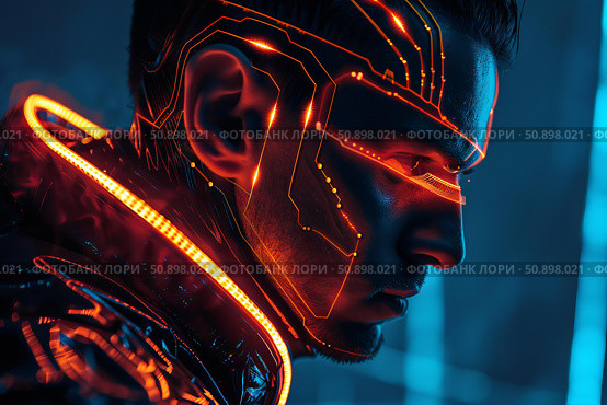Cyberpunk man showing futuristic neon lights and technological implants. Стоковое AI-изображение, AI-художник Иван Рябоконь / Фотобанк Лори