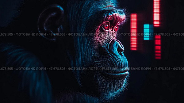 Cyberpunk Primate: A neon-lit portrait of a Chimpanzee in profile, gazing at abstract tech display, exploring themes of evolution and technology, conceptual art. Стоковое AI-изображение, AI-художник Данила Большаков / Фотобанк Лори