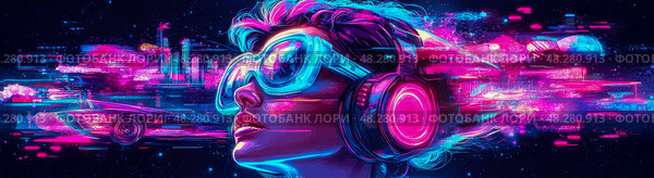 Cyberpunk Reverie: A Neon Dream of Futuristic Audio. Стоковое AI-изображение, AI-художник Данила Большаков / Фотобанк Лори