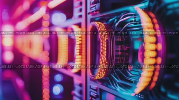 Cyberpunk tech core: Glowing neon circuits & cooling system inside a futuristic supercomputer. High-performance computing with vibrant RGB lighting. Стоковое AI-видео, аниматор Данила Большаков / Фотобанк Лори