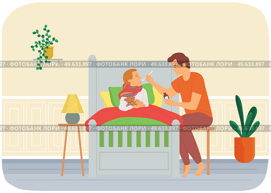 Dad gives medicine to kid. Child care, parenthood concept. Father giving medical syrup to sick son lying in bed in room. Man treats aching boy with scarf around neck, child holding bear toy. Dad gives medicine to kid. Child care, parenthood concept. Father giving medical syrup to sick son. Стоковая иллюстрация, агентство Ingram Publishing / Фотобанк Лори