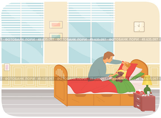 Dad measuring temperature to kid with flu or colds or virus infection. Child care, parenthood concept. Father touches forehead to sick son lying in bed. Man sitting on bed, boy holding bear toy. Dad measuring temperature to kid with flu or colds or virus infection. Child care parenthood concept. Стоковая иллюстрация, агентство Ingram Publishing / Фотобанк Лори