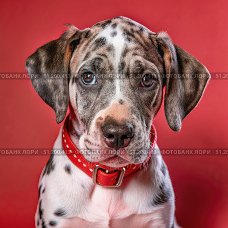 Dalmatian Cross Puppy Portrait With Red Collar on Red Background. Generative AI. Стоковое AI-изображение, AI-художник Roman Zavorotny / Фотобанк Лори