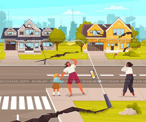 Damaged city street. Earthquake concept. Damage of earthquake, cataclysm damages road destruction and destroyed urban crossroad. Apocalypse town, war disaster or car destroy earthquake. World end. Damaged city street. Earthquake damage, cataclysm damages road destruction and destroyed urban crossroad. Стоковая иллюстрация, агентство Ingram Publishing / Фотобанк Лори
