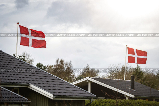 Danish flag celebration in a countryside neighborhood with small houses and flagstaffs. Стоковое фото, агентство Ingram Publishing / Фотобанк Лори