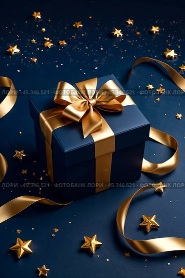 Dark blue Christmas present gift box with elegant gold bow ribbon on dark blue near stars. Greeting gift symbolize sophisticated holiday gifting. Birthday Christmas festive concept. Copy ad text space. Стоковое AI-изображение, AI-художник Aleksandr Golubev / Фотобанк Лори