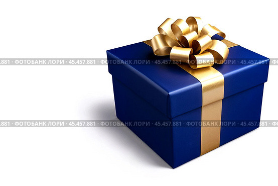 Dark blue Christmas present gift box with elegant gold bow ribbon on white background. Greeting gift symbolize sophisticated holiday gifting. Birthday Christmas festive concept. Copy ad text space. Стоковое AI-изображение, AI-художник Aleksandr Golubev / Фотобанк Лори