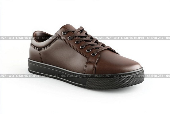 Dark brown leather lace-up running shoes with low tops, thick soles. The laces and black rubber outsole. Sporty look. Men to wear during outdoor activities, hiking. Brown shoes. Trendy Male Boots Pair. Стоковое AI-изображение, AI-художник Марина Демидюк / Фотобанк Лори