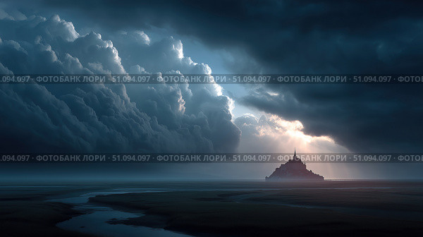 Dark castle rises from misty landscape under ominous clouds in a fantasy world. Стоковое AI-изображение, AI-художник Ксения Лаптева / Фотобанк Лори