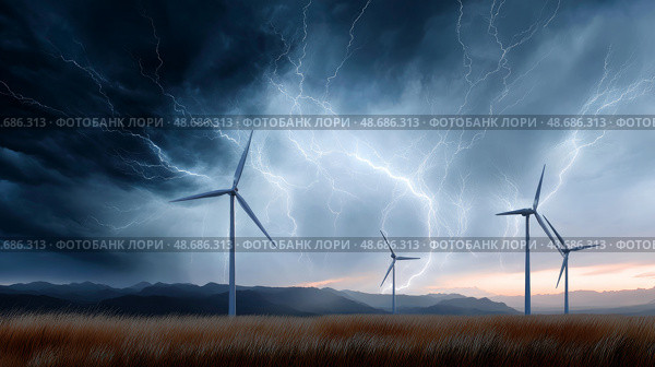 Dark shelf cloud preceding a severe thunderstorm at a wind turbine park. Beautiful thunderstorm black clouds and clouds hanging over the ground. Стоковое AI-изображение, AI-художник ALLA YURTAYEVA / Фотобанк Лори
