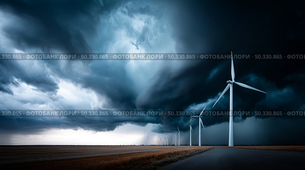 Dark shelf cloud preceding a severe thunderstorm at a wind turbine park. Beautiful thunderstorm black clouds and clouds hanging over the ground. Стоковое AI-изображение, AI-художник ALLA YURTAYEVA / Фотобанк Лори