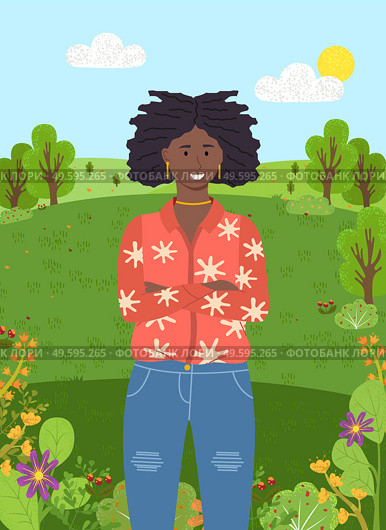 Dark-skinned confident young smiling girl with dreadlocks and gold jewelry stands with her arms crossed on her chest. Fashionable ripped jeans, bright jacket. Green city park or forest on background. Dark-skinned young girl stands on background of green forest or park. Trees, clear sky, sun. Стоковая иллюстрация, агентство Ingram Publishing / Фотобанк Лори