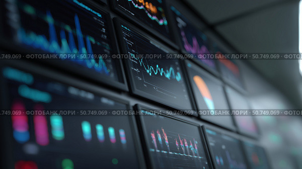 Data analytics dashboard displays various metrics and visualizations for business insights during late afternoon hours. Стоковое AI-изображение, AI-художник Сергей Толмачёв / Фотобанк Лори