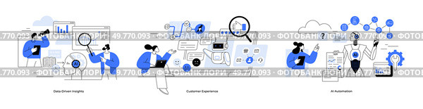 Data driven insights, customer experience, ai automation, analyzing charts, customer interactions, AI automation systems. Tech, business strategy, data analysis, customer service, AI deployment. Data Analysis, Enhancing Customer Experience, and AI Automation Vector Illustrations. Стоковая иллюстрация, агентство Ingram Publishing / Фотобанк Лори