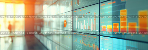 Data monitors display financial charts and graphs while blurred figures analyze them in the background. Стоковое AI-изображение, AI-художник Данила Большаков / Фотобанк Лори
