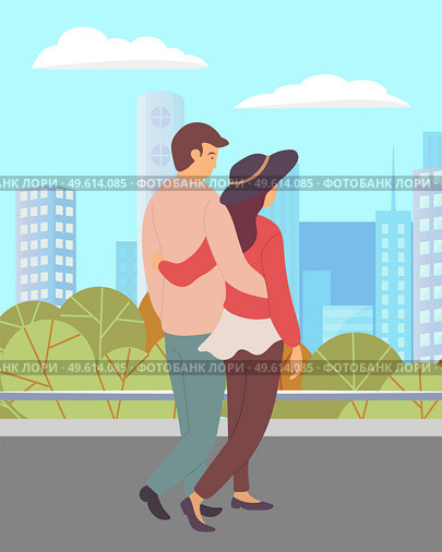 Dating couple outdoor cityscape walking down the street. Young peolpe smiling man and woman hugging walking. Girl with guy, people in love spend time together, relationships between male and female. Dating couple outdoor cityscape walking down the street. Young peolpe smiling man and woman hugging. Стоковая иллюстрация, агентство Ingram Publishing / Фотобанк Лори