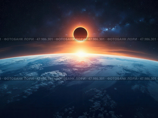 Dawn on the blue planet Earth in space. Sunset panorama, Eclipse. Elements of this image are furnished by Japan Meteorological Agency. Стоковое AI-изображение, AI-художник Sergey Grishin / Фотобанк Лори