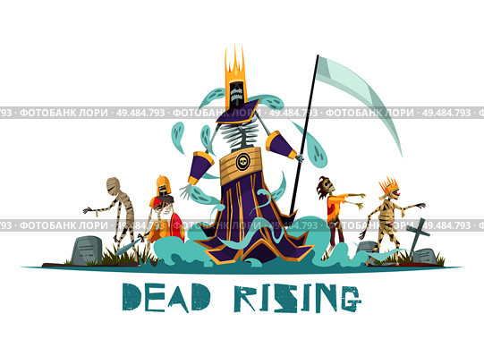Dead rising spooky design concept with ghosts walking around cemetery between graves with crosses vector illustration. Стоковая иллюстрация, агентство Ingram Publishing / Фотобанк Лори