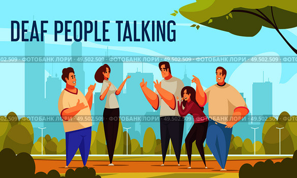 Deaf people talking background with sign language symbols flat  vector illustration. Стоковая иллюстрация, агентство Ingram Publishing / Фотобанк Лори