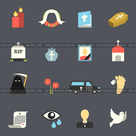 Death and mourning for deceased ritual church funeral ceremony tombstone candles flat icons set vector isolated illustration. Стоковая иллюстрация, агентство Ingram Publishing / Фотобанк Лори