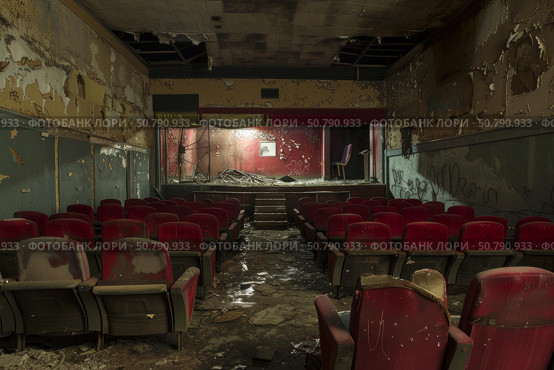 Decaying theater showing signs of vandalism and neglect. Стоковое AI-изображение, AI-художник Иван Рябоконь / Фотобанк Лори